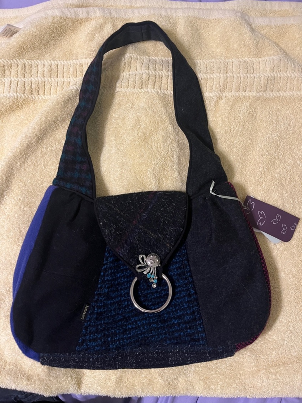 Black and Blue Patchwork Shoulder Bag with Charm
